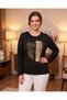 Qya Women's Black Crystal Fabric Stone Printed Long Sleeve T-Shirt