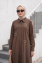 Women's Bead Detail Long Cotton Shirt 4726 Brown - 3