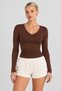 Women's Brown V-Neck Long Sleeve Basic Soft Body Blouse Casual Stylish Top Cotton Breathable Fabric - 3