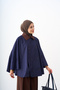 Women's Shirt Collar Double Pocket Poncho Navy Blue - 4