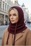 Women's Burgundy Knitted Balaclava Snow Mask Lace-Up Thick Ribbed Knitwear Hooded Beanie Neck Collar - 5