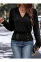 Women's Long Sleeve Double Breasted Collared Acrylic Blouse with Buckle and Button Detail at the Waist