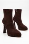Women's Platform Heeled Pointed Toe Front Stitched Zippered Bitter Brown Suede Boots (12 cm Heel) - 6