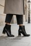Women's Black Tan Patterned Shiny Pointed Toe 7cm Thick Heel Side Zipper Boots