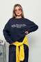 Women's Crew Neck Letter Printed 3-Strand Sweatshirt Navy Blue - 7182