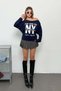 Women's Boat Neck New York Printed Modal Sweatshirt Navy Blue - 12455 - 5
