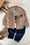 Teddy Bear Poncho Embroidered Coat Baby Boy 4-Piece Denim Set - Beige - 6