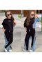 Girl's 3-Thread Ruffled Denim Garnished Stripe Detailed Sweatshirt and Wide-Leg Sweatpants Set 1610-S - 4