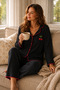 Bürümcük Knitted Black Long Sleeve Embroidery Detailed Comfortable Fit Women's Buttoned Pajama Set
