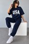 Usa T-Shirt Sweatpants Jogger- Navy Blue Printed Top and Bottom Sweatpants Set Oversize Crew Neck - 3