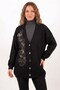 Women's Black V-Neck Floral Motif Beaded Embroidered Loose Knitwear Cardigan