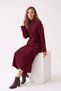 Women's Burgundy Belted Ribbed Midi Length Knitwear Dress