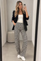 Women's Leopard Patterned Elastic Waist Detailed Wide Leg Knitwear Trousers
