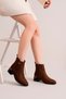 Brown Suede Gold Buckle Detailed Thick Heeled Zippered Women's Boots
