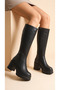 Women's Round Toe Platform Heeled Leather Look Long Boots