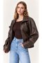 Women's Oversize Stand Collar Brown Leather Jacket - 2