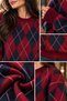 Women's Burgundy Navy Blue Diamond Patterned Crew Neck Oversize Knitwear Sweater - 3