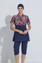 Women's Semi-Closed Swimsuit Set 4 Pieces Short Sleeve Zippered Patterned Navy Blue - 6