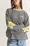 Women's White-Yellow Text Printed Striped Crew Neck Oversize Spanish Sleeve Sweatshirt 2396 60286695 - 5
