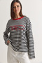 Women's White-Red Text Printed Striped Crew Neck Oversize Long Sleeve Sweatshirt 2389 60286694 - 5