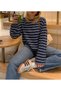 Women's Navy Blue Ecru Striped Oversize Crew Neck Long Sleeve T-Shirt - 3