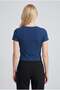 Women's Navy Blue Colored V-Neck Lycra Plain Basic Short Sleeve Crop Blouse - 3