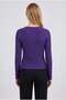 Women's purple ribbed knit button-down cardigan blouse with flexible button detail, long sleeves, and crew neck. - 3