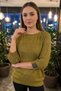 Women's Green Crew Neck Glittery Imported Thread Knit Lycra Thin Knitwear Blouse with Accessory on the Sleeve End