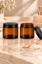 2 Pieces of 100 ml Amber Glass Jars with Black Metal Lids - Storage for Candles, Creams, and Cotton - 4