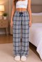 Women's Dark Blue Plaid Patterned Cotton Dark Blue Ribbon Detail Thick Single Bottom Pajamas - 3