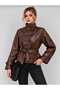 Women's Leather Trench Coat with Stand Collar and Lined Pockets - Coat-Jacket - 5