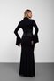 Black Waist-Corseted Long Sleeve Maxi Dress with Tail Detail - 7