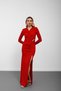 Red Double-Breasted Collared Long Dress with Belt Buckle and Slit - 3