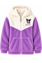 Girl's Purple and White Kuromi Printed Plush Cardigan with Hood and Zipper, Kangaroo Pocket, Ages 8-13