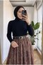 Women's Chiffon Shawl Patterned Lined Belted Flared Long Skirt 95 cm - 3