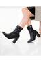 Women's Black Pointed Toe Thick Heeled Stretch Boots