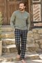 Men's Pajama Set 100% Cotton Long Sleeve Buttoned Collar Plaid Pattern Khaki - 2