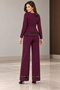 Tulle Coordination - Women's Round Neck Peplum Blouse and Wide Leg Pants Crepe Set - 3