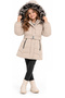 Girl's Nova Fabric Midi Length Zipper Snap Closure Belted Hooded Fur Zipper Pocket Beige Color Puffer Coat - 2