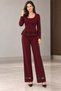 Tulle Coordination - Women's Round Neck Peplum Blouse and Wide Leg Pants Crepe Set - 4
