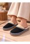 Women's Black Suede Fur-Lined Zigzag Patterned Thick-Soled Winter Comfortable House Slippers