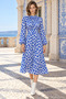 Drape Detailed Digital Printed Single Jersey Midi Dress Blue