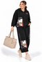 Plus Size Women's Picasso Patterned Eye Appliqué Bead Embroidered Hooded Zippered Cotton Twill Woven 50-52 Size Bottom Top Set