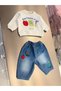 Baby Boy Ecru Printed Sweatshirt and Figured Balloon Jeans Set with Elastic Waist - 2