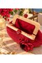 Women's Red Floral Appliqué Lined Hand Knitted Wooden Scholar Clutch Portfolio Bag - 3