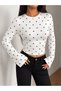 White Women's Star Patterned Spanish Sleeve Crew Neck Crop Blouse - 4