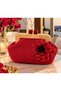 Women's Red Floral Appliqué Lined Hand Knitted Wooden Scholar Clutch Portfolio Bag