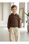 Boy's Brown Seersucker Polo Collar Sweatshirt and Beige Trousers 2-Piece Set
