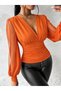 Women's Long Slit Tulle Detailed Deep V-Neck Sandy Blouse