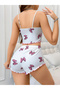 Cotton White with Pink Ribbon Patterned Ribbed Strap Shorts Pajama Set - 3
